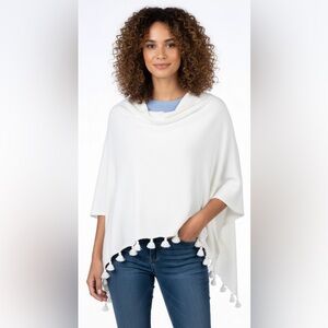 Caroline Grace Cotton Cashmere Tassel Trim White/Off WhiteTopper One Size